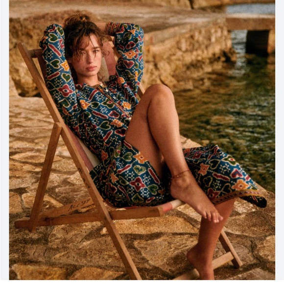 Sezane Robe Glorina Midi Dress in Candy Multicolor Ikat Print Embroidered Trim - Picture 2 of 16